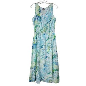 J. Jill Classic Silk Cotton Blue Green Tie Dye V-Neck Sleeveless Midi Dress S